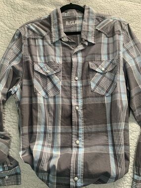 ReCLAIM Western Cowboy Pearl Snap Long Sleeve Gray Blue Shirt